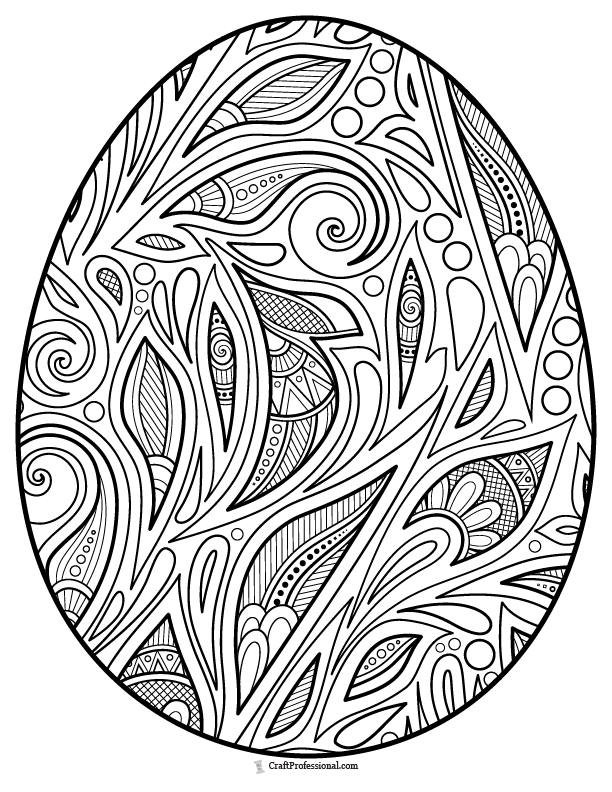 Easter egg with a zentangle style pattern of swirls and curls, coloring page for advanced coloring.
