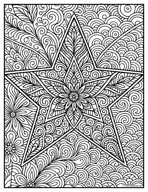 Zentangle-patterned star, detailed-coloring page.