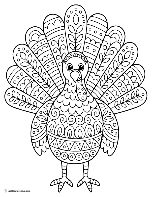 Zentangle turkey coloring page with detailed patterns for older kids and adults.