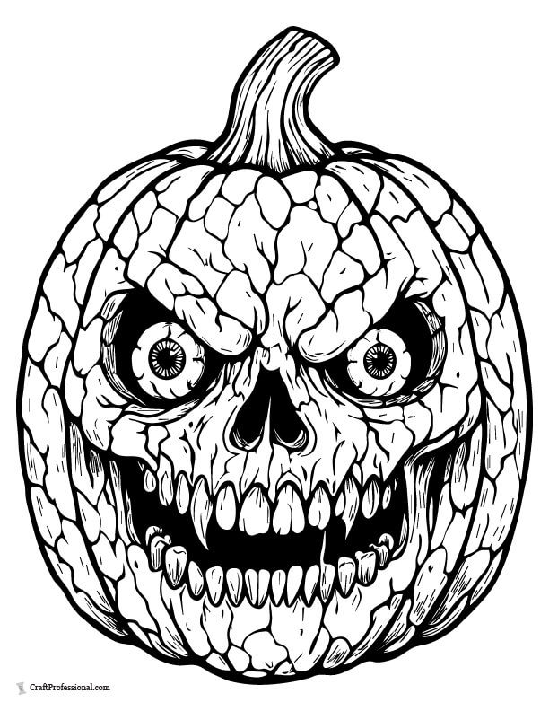 Zombie-style scary jack o'lantern with cracked face, coloring page